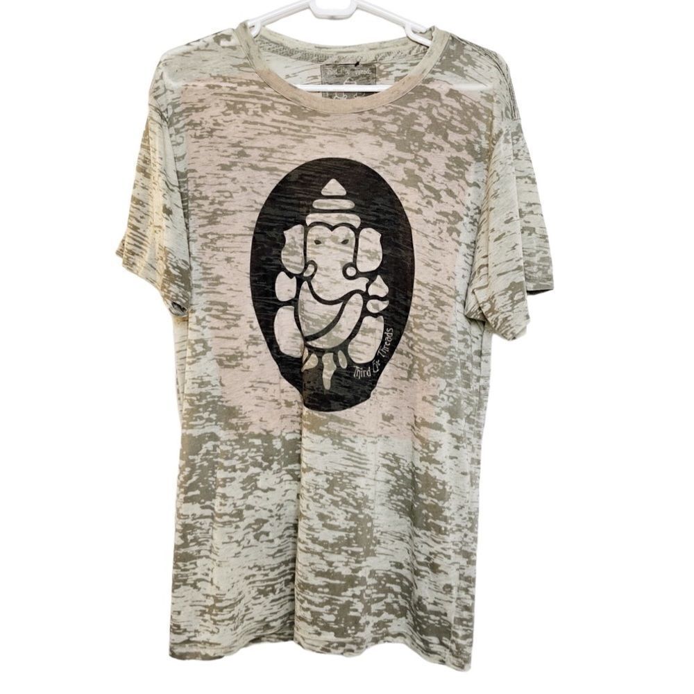 Third Eye Threads Semi Sheer Elephant Short Sleeve Shirt Green Grey Large